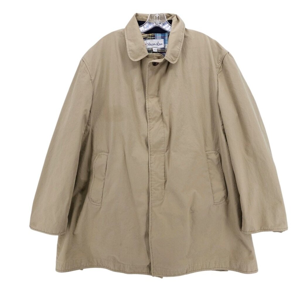 STEVEN ALAN Khaki Tan Beige Jacket Coat Partial Plaid Lining. Size XL - STAINS!